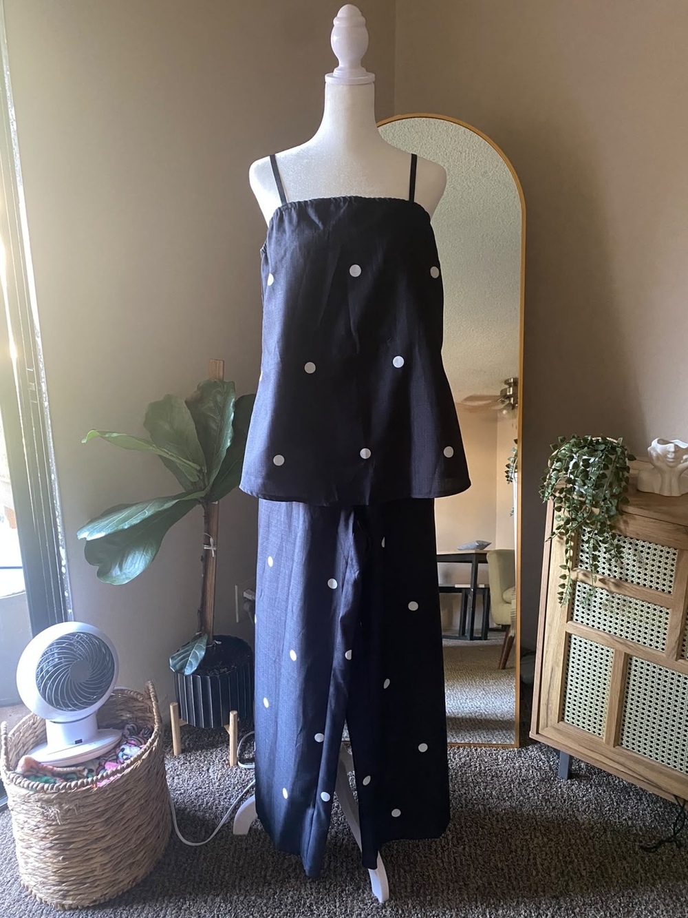 SHEIN Black Polka Dot Crop Top and Pants Set